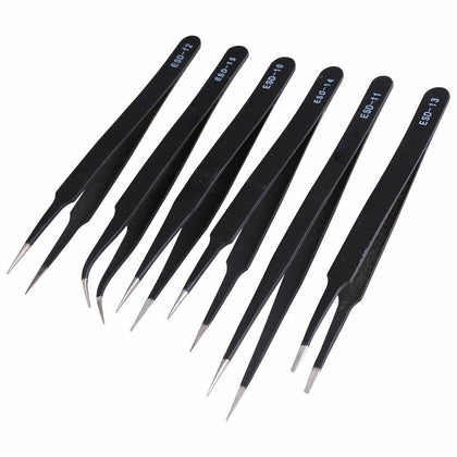 6pcs ESD Safe Anti-Static Stainless Steel Tweezers Set Maintenance Repair Tools